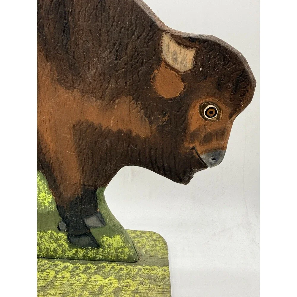 VTG 1988 Menno Shirk Folk Art Wood Carved Wild Buffalo 9” Signed Base Carving